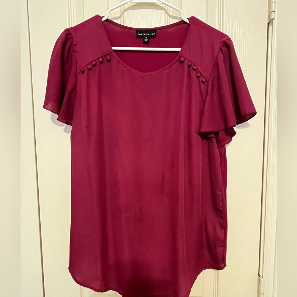 Cranberry rayon and jersey blouse with button details